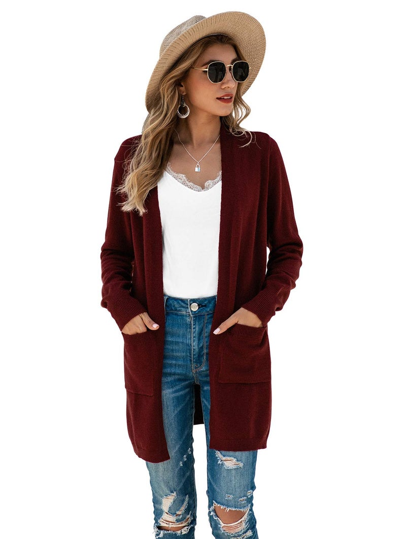 TASAMO Women's Loose Open Front Long Sleeve Solid Color Knit Cardigans Sweater Blouses with Packets (X-Large,Wine red) - Image 5